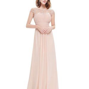 Lace Neckline Ruched Floor-Length Evening Dress